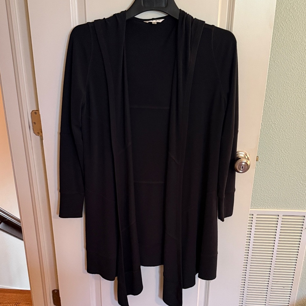 Cabi dark navy open front hooded duster
